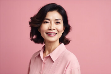 asian mature woman smiling on a pink background - Powered by Adobe