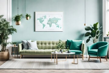 Stylish scandinavian living room with design mint sofa, furnitures, mock up poster map, plants and elegant personal accessories. Modern home decor. Bright and sunny room