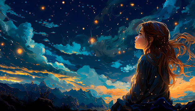 Girl watching the stars in night sky - Vector illustration
