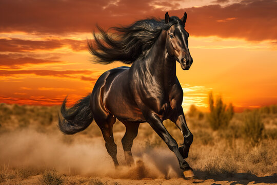 Black Horse Gallop In Sunset Stock Photo - Download Image Now
