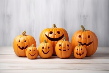 halloween pumpkins in humorous style on wooden floor isolated on white background