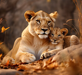 Obraz premium Lioness cuddles with her young cub - AI generated 