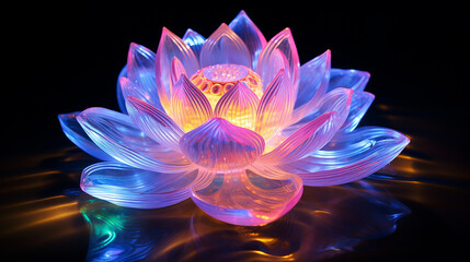 Flor de lótus colorida, bioluminescente, mística, opalescente, raios de luz, luzes cintilantes, iluminação realista, brilho do arco-íris, psytrance, consciência, despertar, espírito, realista e realis