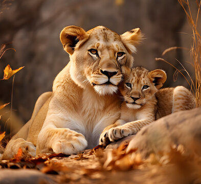 Lioness cuddles with her young cub - AI generated
