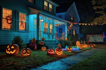 Halloween night concept with illuminated pumpkins, decorated streets, colorful decorations in front of houses on Halloween night.
