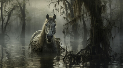 Cavalo mágico em um pântano assustador - obrazy, fototapety, plakaty