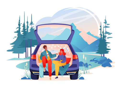 Vector illustration on traveling theme. Couple of young people have  rest on lake shore, cozily arranging open trunk of car. Picturesque landscape with mountains, picnic in nature.