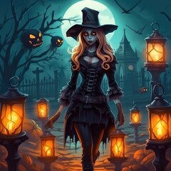  Illustration of halloween witch walking on illuminated road with lamps on spooky background.