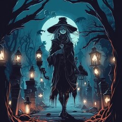  Illustration of halloween witch walking on illuminated road with lamps on spooky background.