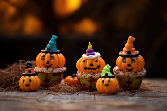 Sweets with bat, pumpkin, spider figure on christmas table isolated on pale background.