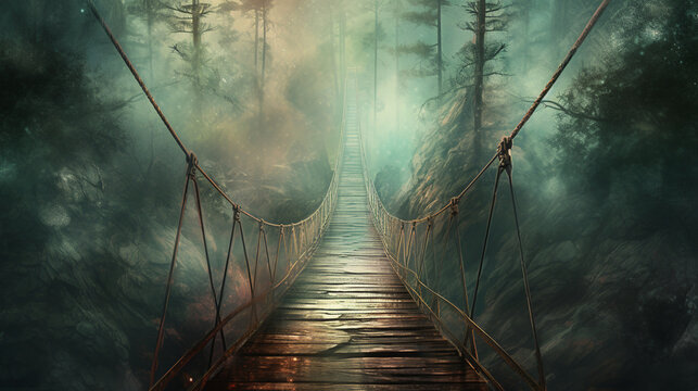 Puente colgante en medio de un bosque mágico