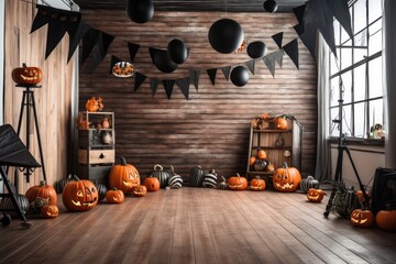 Obraz premium Rooms decorated with pumpkins, balloons and bat figures on a wooden floor set for a Halloween party.