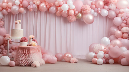 decoração de festa com fundo de fotografia de rosa  com arco de balão