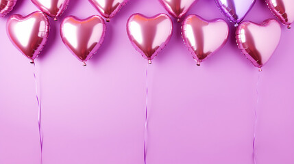 Balões de hélio em forma de coração rosa e roxo em fundo rosa. Balões de ar foil em fundo rosa pastel