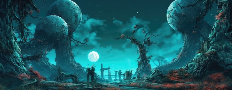 Halloween photo of destroyed tools and forest in a moonlit enchanted forest using colorful animations.