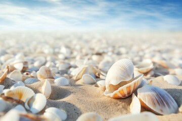 Seashells shells laying on sand sea beach tropical sanded seashore sandy seacoast blue cloudy sky natural beauty calm tranquil ocean seaside environment summer day vacation exotic island background