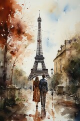 Watercolor couple of lovers holding hands on the background of the Eiffel Tower. Illustration for travel postcard, wedding invitation. Generative AI