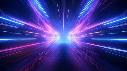 Portal de belas luzes de neon com linhas roxas e azuis brilhantes em um túnel