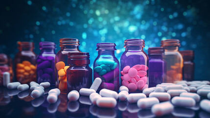 Opioides prescritos com muitos frascos de comprimidos ao fundo. Conceitos de dependência, crise de opioides, overdose e compras médicas
