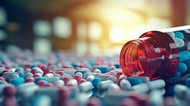 Opioides prescritos com muitos frascos de comprimidos ao fundo. Conceitos de depend&ecirc;ncia, crise de opioides, overdose e compras m&eacute;dicas