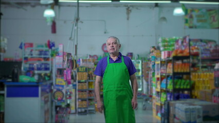 Elderly Employee of Supermarket with Worried Expression, Concerned Senior Manager in Apron Inside Store