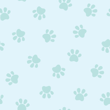  Cute seamless pet paw pattern. Cat or dog footprint on blue background. Vector illustration. It can be used for wallpapers, wrapping, cards, patterns for clothes and other.
