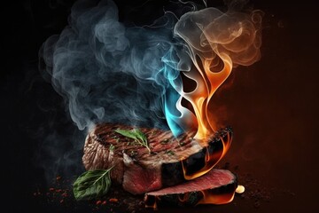 Steak on fire with smoke and flames on a black background
