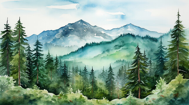 
Paisagem serena da floresta aquarela com montanhas majestosas, pinheiros e exuberantes