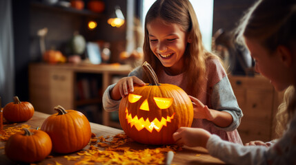 Two happy and cheerful girls carving halloween jack-o'-lantern together.