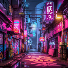 Tokyo Nightscapes: Neon Lights and Kanji Graffiti in Blacklight, Generative AI