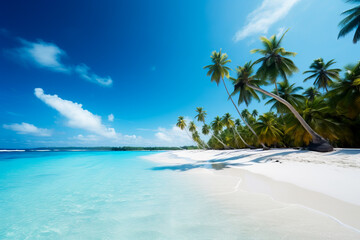 Obraz na płótnie Canvas beach with palm trees and blue water, tropical island, beautiful in the world wallpaper, landscape and background. AI generation