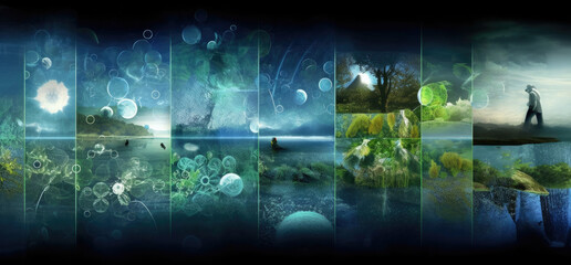 Ecological environment and energy concept in which technological visuals and molecular symbols are explained together.
