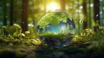 Transparent crystal sphere in a green forest filled with sunlight. Grass and trees are reflected in the glass globe. Protection of water resources concept. Environmental care. Earth Day. 3D rendering.