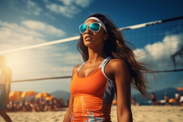 Beautiful woman ready to serve on the beach volleyball summer.