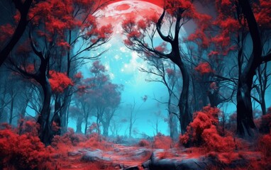 Surreal image of forest in halloween style with red tree and full moon in background.