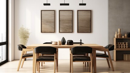 Fototapeta premium Stylish open space dining room interior in a modern apartment. Wooden table with design chairs, dried flowers in a vase, home decor, poster templates on the wall. Mockup, 3D rendering.