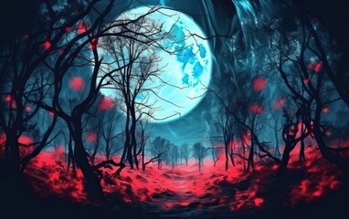 Obraz premium Surreal image of forest in halloween style with red tree and full moon in background.