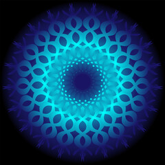 Vector geometric abstract pattern in the form of a blue round mandala on a black background