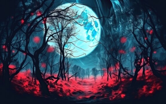 Surreal image of forest in halloween style with red tree and full moon in background.