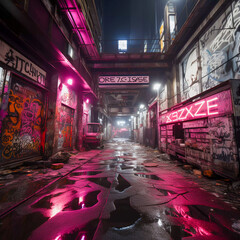 Naklejka premium Tokyo Nightscapes: Neon Lights and Kanji Graffiti in Blacklight, Generative AI