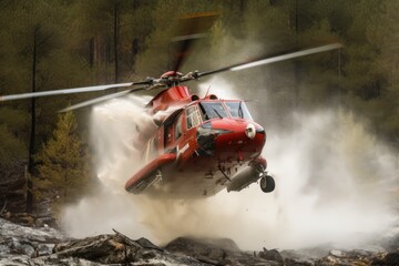 Rescue helicopter extinguishes a forest fire by dropping a large amount of water on a burning coniferous forest. Saving forests, fighting forest fires. Closeup front view. 3D rendering.