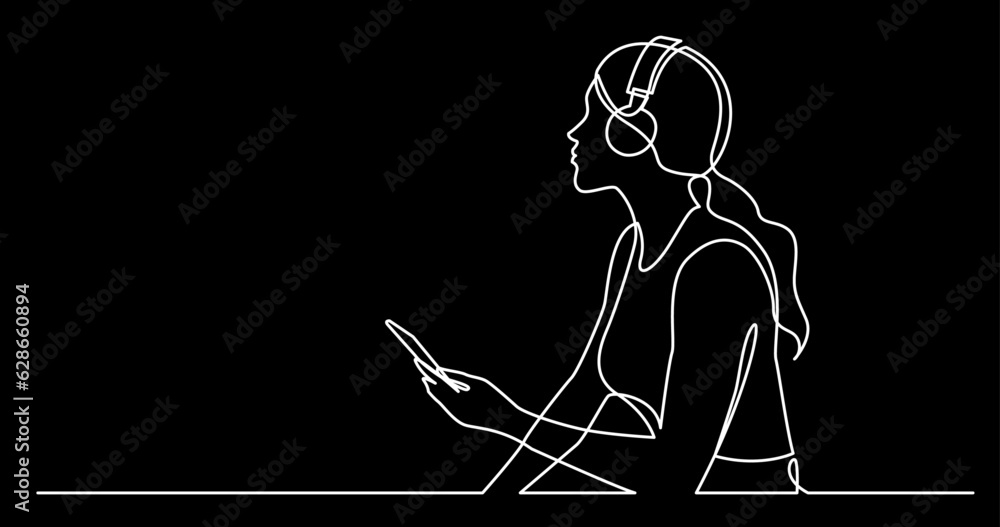 Poster continuous line drawing vector illustration with fully editable stroke of person listening music in 