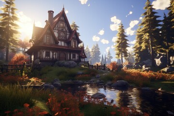 Obraz premium Beautiful Cartoon Inn near lake in the forest