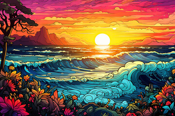 Fototapeta na wymiar Summer tropical background with sea waves, sky and sea sunset. gorgeous landscape, watercolor