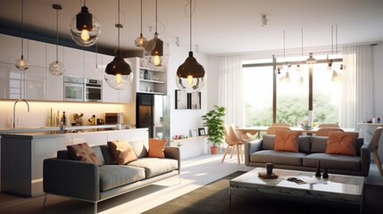 Several glass globe-shaped pendant lights above a sofa in a cozy living room. Elegant modern interior design with an emphasis on lighting. Mockup, 3D rendering.