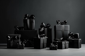 Black gift boxes on a black background. - Powered by Adobe