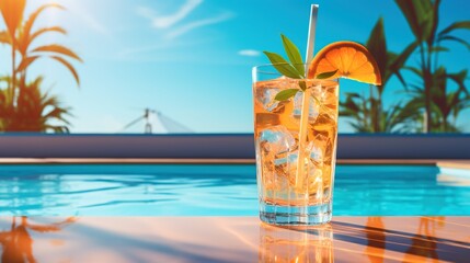 Escape to a tropical paradise with this captivating photo of a cocktail by pool. Ai generated