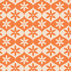 Retro white and orange flowers on ogee seamless pattern. For home décor, wallpaper, fabric and textile	