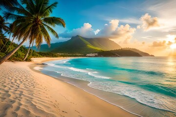 Beach with beautiful coastline. Palm trees and Caribbean sea, Color water is turquoise, white sand and green palm trees. Little foaming waves.