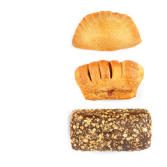 Multigrain bread and Sweet buns isolated on white . Collage. Free space for text.